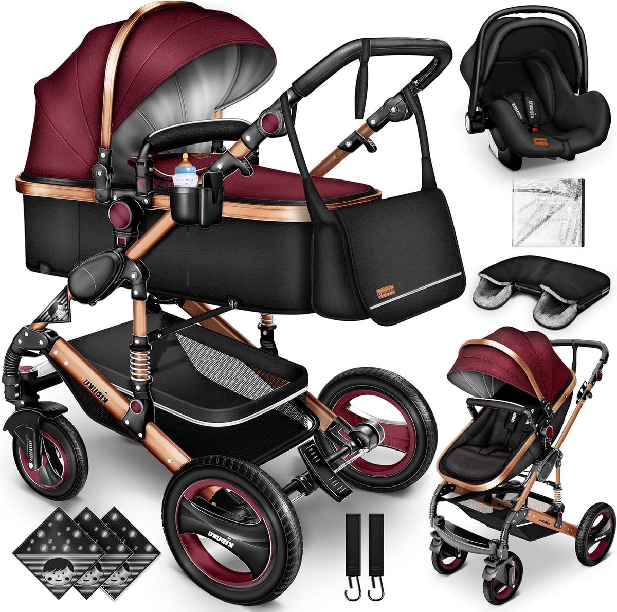 3-in-1 Kinderwagen Set - Combi Kinderwagen Reiswieg - Onderweg Met Baby - Aluminium Frame Lichtgewicht - Tot 15 kg