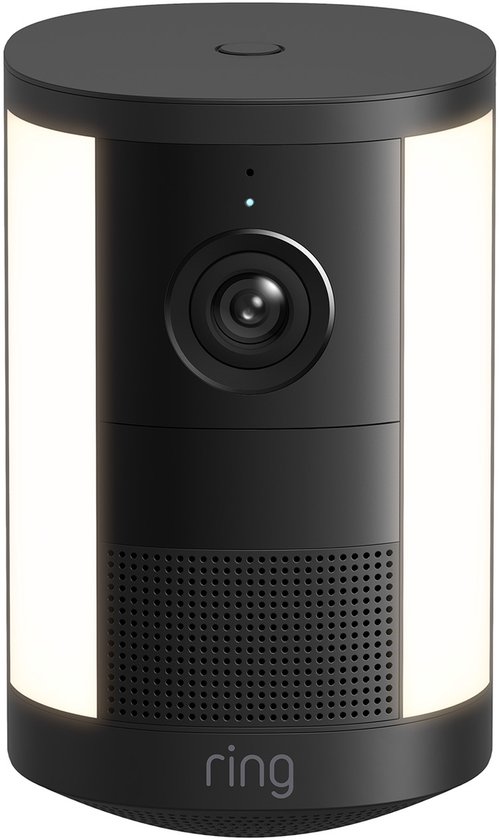 Zwarte Ring camera met frontale lens en zijd verlichting, op witte achtergrond.