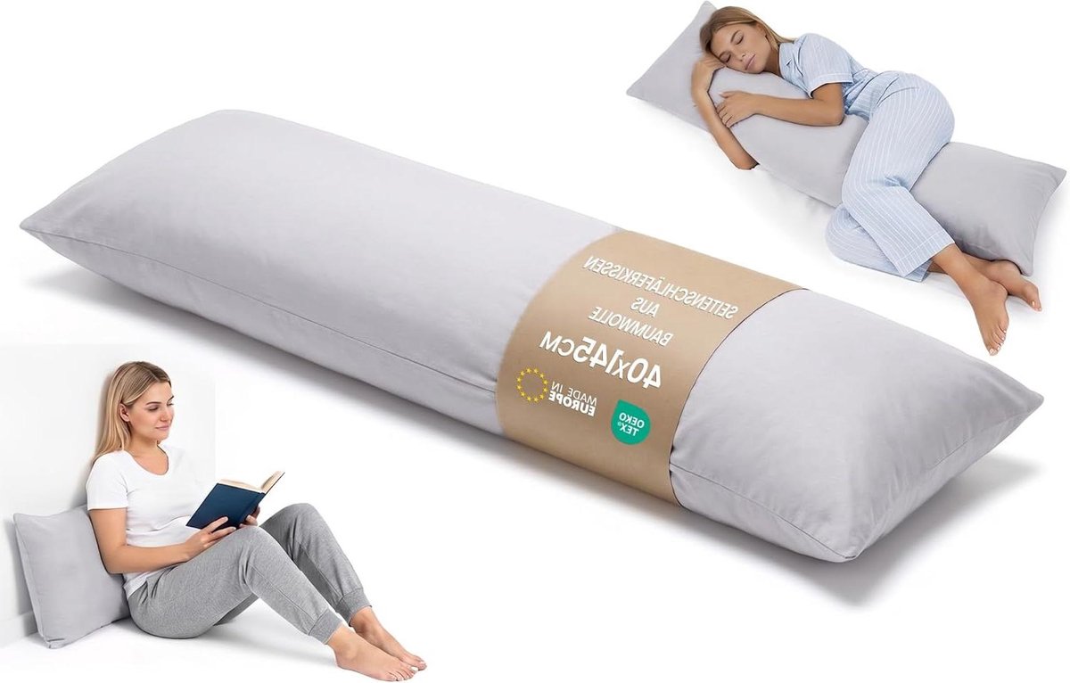 Zijslaper kussen - Lichaamskussen comfortkussen - Ontspannen slapen - Ergonomisch ontwerp - 40x145 cm - Grijs