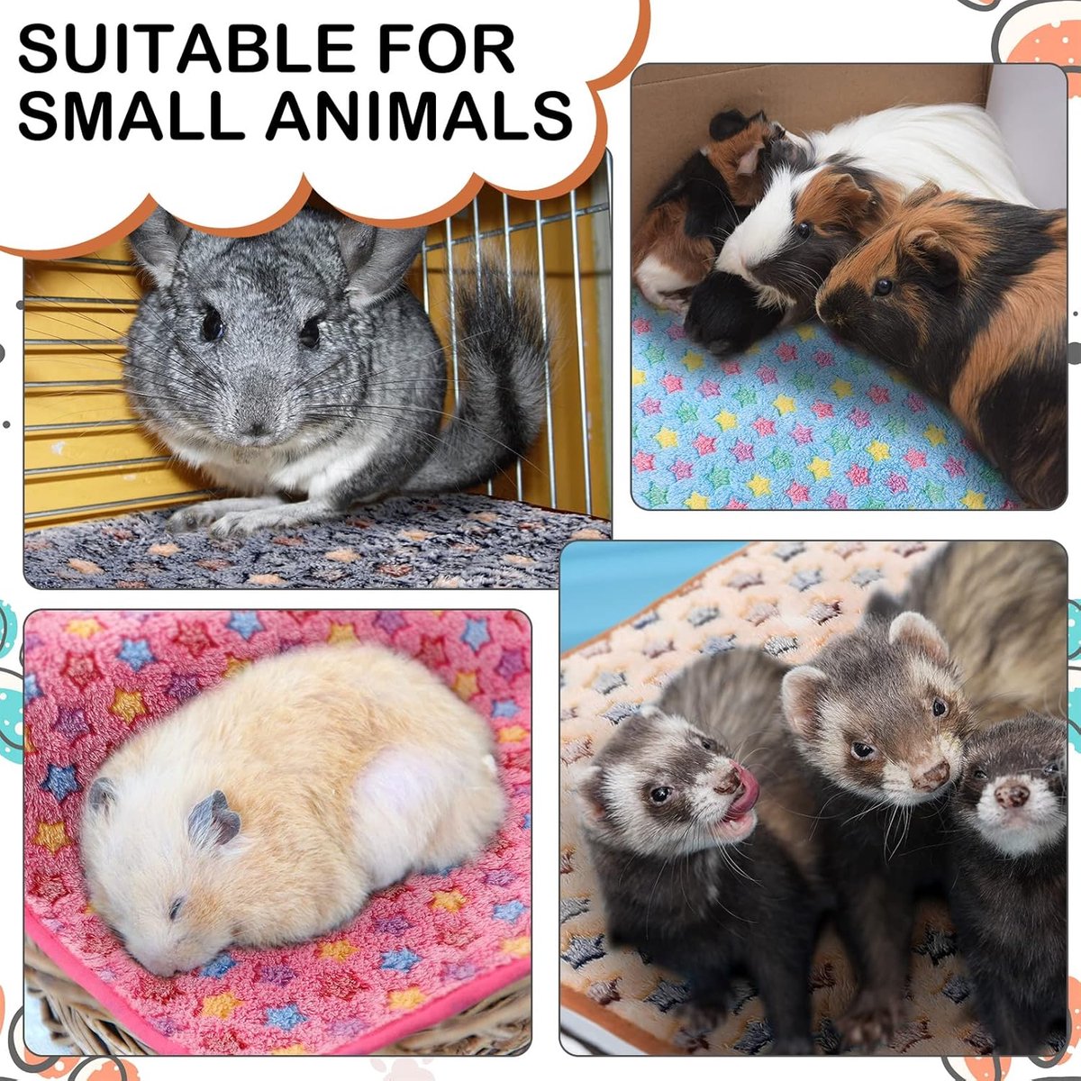 Dekens, wasbaar, fleece beddengoed voor kleine dieren, absorberende kooivoeringen, herbruikbare plasmat, mat, pad, hoes voor hamster, fret, 4 stuks (kleine ster, 30 x 30 cm)