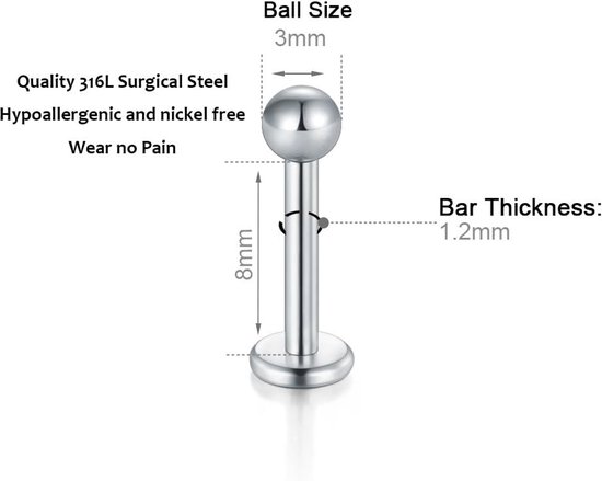 16G Piercing Helix Roestvrij Staal Ballen Piercing Neus Lip Wenkbrauw oorbellen Piercing Rook Tragus 8 Stukken Set — afbeelding 3