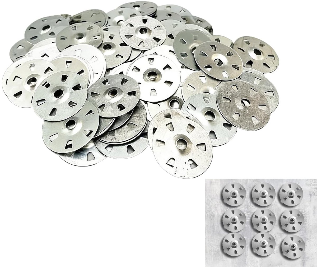 100 stuks sluitringen, 35 mm diameter, verzinkte ijzeren isolatieplaten, vaste sluitringen, duurzaam en roestvrij, zesgat-uitvoering, solide bescherming, geschikt voor isolatieplaten