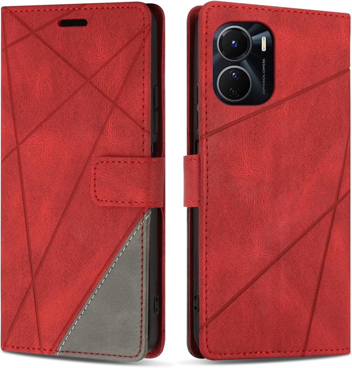 Hoesje voor VIVO Y16, Premium Lederen Portemonnee Beschermhoes Telefoonhoesjes met Kaartenvakken Beschermhoesje voor VIVO Y16, Rood