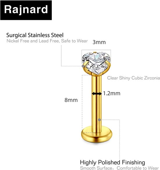 Studs Push in Tragus Helix Oorbellen 6/8/10mm Rvs Oorbellen Studs Zilver Goud Labret Piercing Bars Sieraden voor Vrouwen Mannen — afbeelding 4