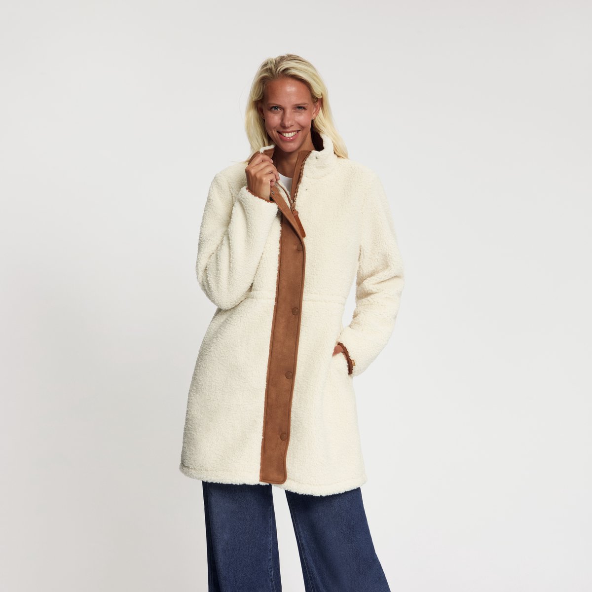 MGO Ratan Dames Lange Teddy jas Gebroken Creme