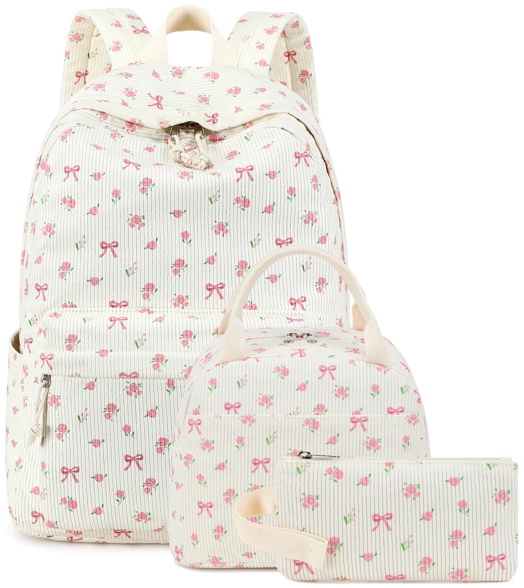 Rugzak voor meisjes – Schoolrugzak Meisjes 3-delige Set – Rugzak met Lunchtas & Etui – Corduroy Schooltas met Strik & Bloemen – 15,6 Inch Laptop – Lichtgewicht –Rugzakken School - Rugzakken Meisjes 11 tot 15 jaar – Wit