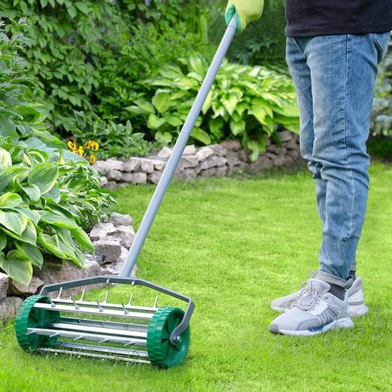 Gazonbeluchter Rollen - Handmatige Beluchter Tuin - Gazon Onderhouden - Verlicht Bodem Verdichting - 145 cm Lengte - Zilver — afbeelding 5