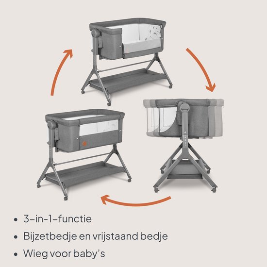 Illustratie van de 3-in-1 functie van de grijze co-sleeper: bijzetbed, vrijstaand bedje en wieg.