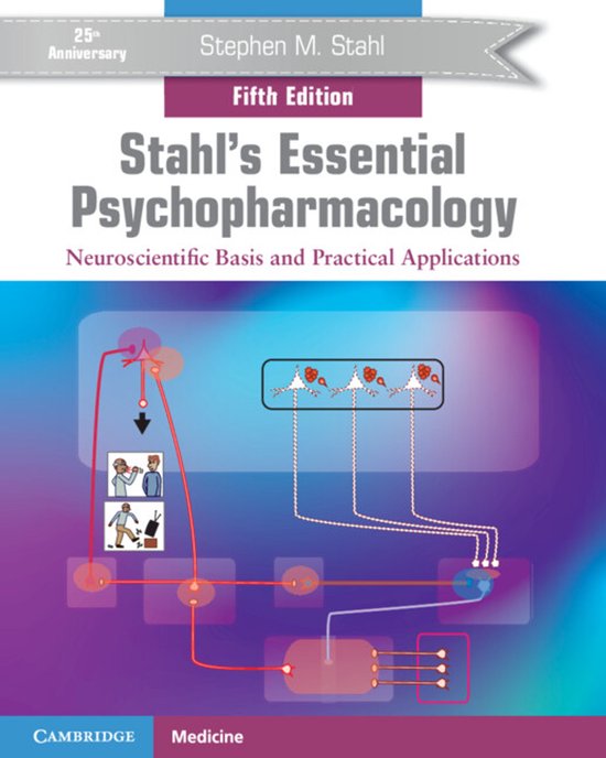 De kaft van het boek 'Stahl's Essential Psychopharmacology', vijfde editie, met een illustratie van neuronen.