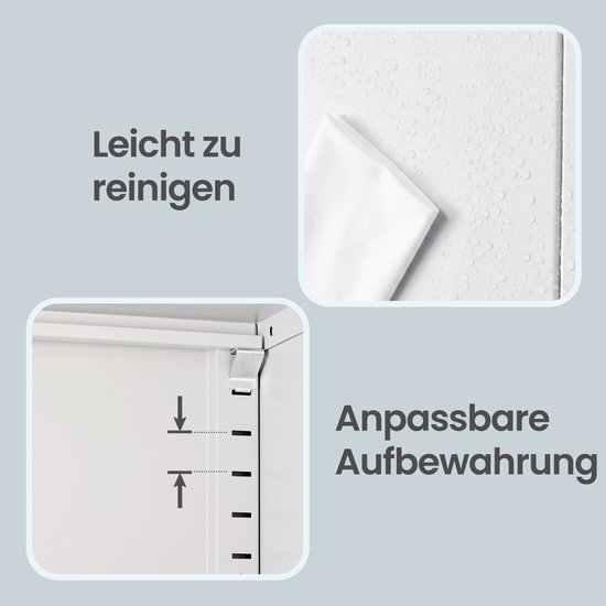 Close-up van de binnenkant van de kast met pijlen die de verstelbare planken aangeven. Tekst: 'Leicht zu reinigen' en 'Anpassbare Aufbewahrung'.