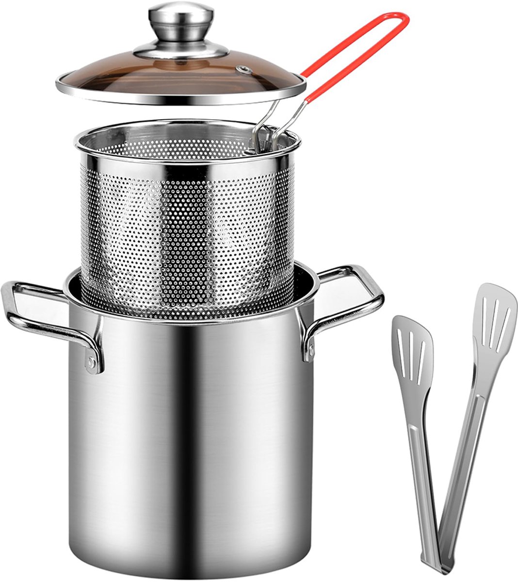 Pastabakpan - Met binnenmandje - Bakpan voor asperges - Mini-friteuse - Inhoud: 3 liter - Roestvrij staal - Geschikt voor inductiekookplaten - Zilver