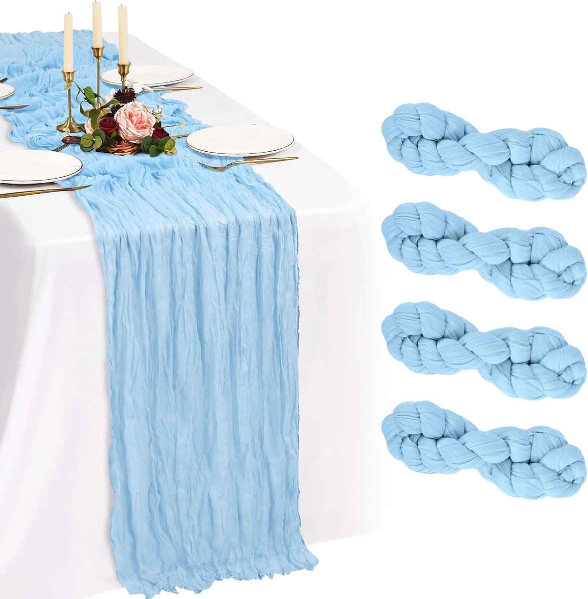 4 pack babyblauw kaasdoek tafelloper 10FT Boho gaas kaasdoek tafellopers 35 x 120 inch romantische rustieke transparante tafeldecoratie voor bruiloftsfeest verjaardag vakantie thuis
