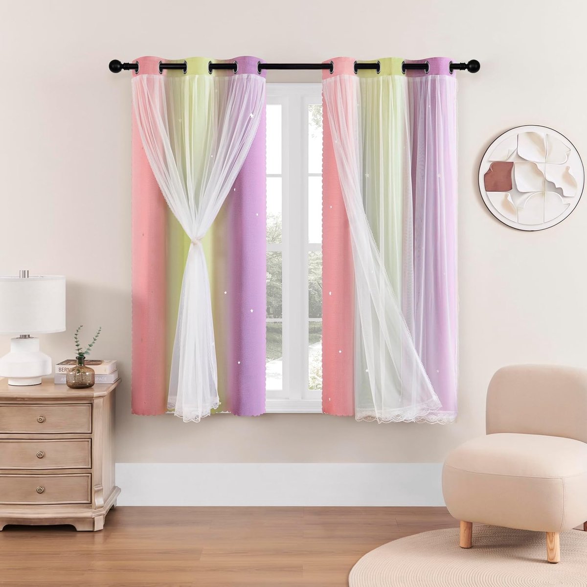 Sterrenpatroon verduistering thermische lichtspel sluier | Roze-geel-paars gordijnen 86x114cm voor kinderkamer met gatenpatroon & dubbele stof Pin/Ye/Pur/86/114