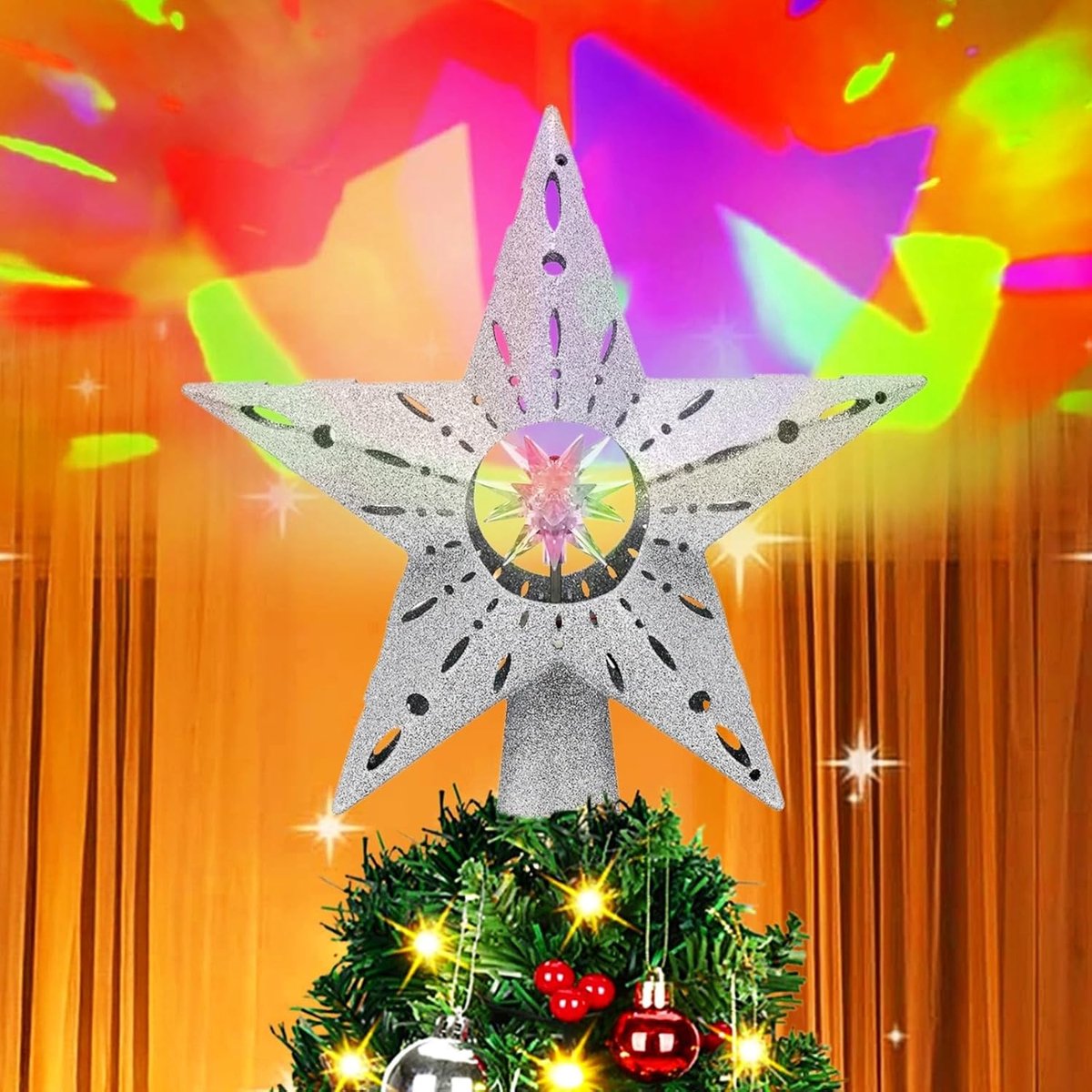verlichte kerstboompiek, 3D-glittered ster, lichtboompiek met led-roterende projector, led-ster, piek, voor kerstdecoraties, zilver
