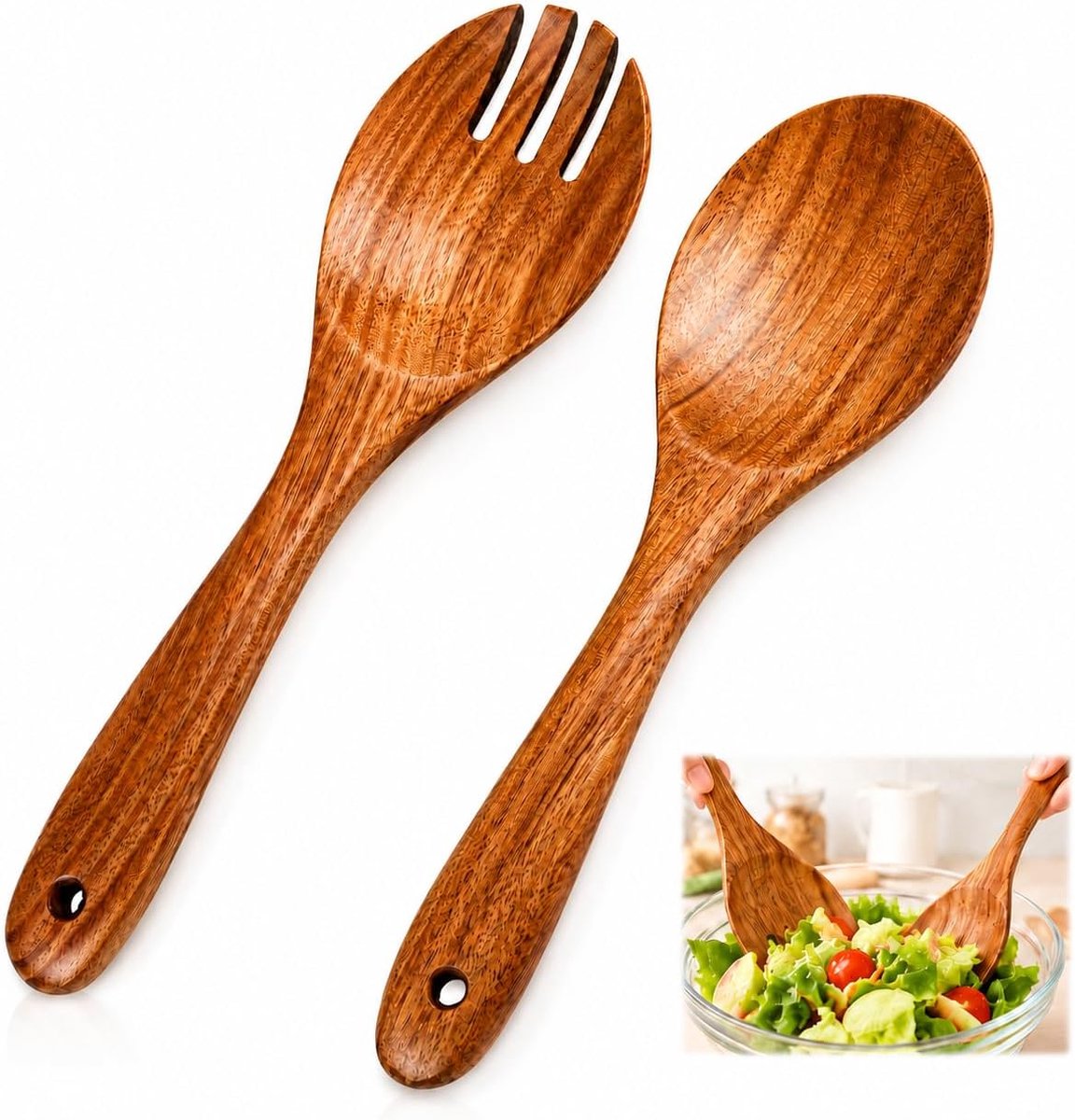 2 stuks slabestek van hout, praktisch houten bestek voor keuken en eetkamer, slabestek olijfhout, hoogwaardig houten bestek voor salade, slalepel en saladevork, duurzaam slabestek