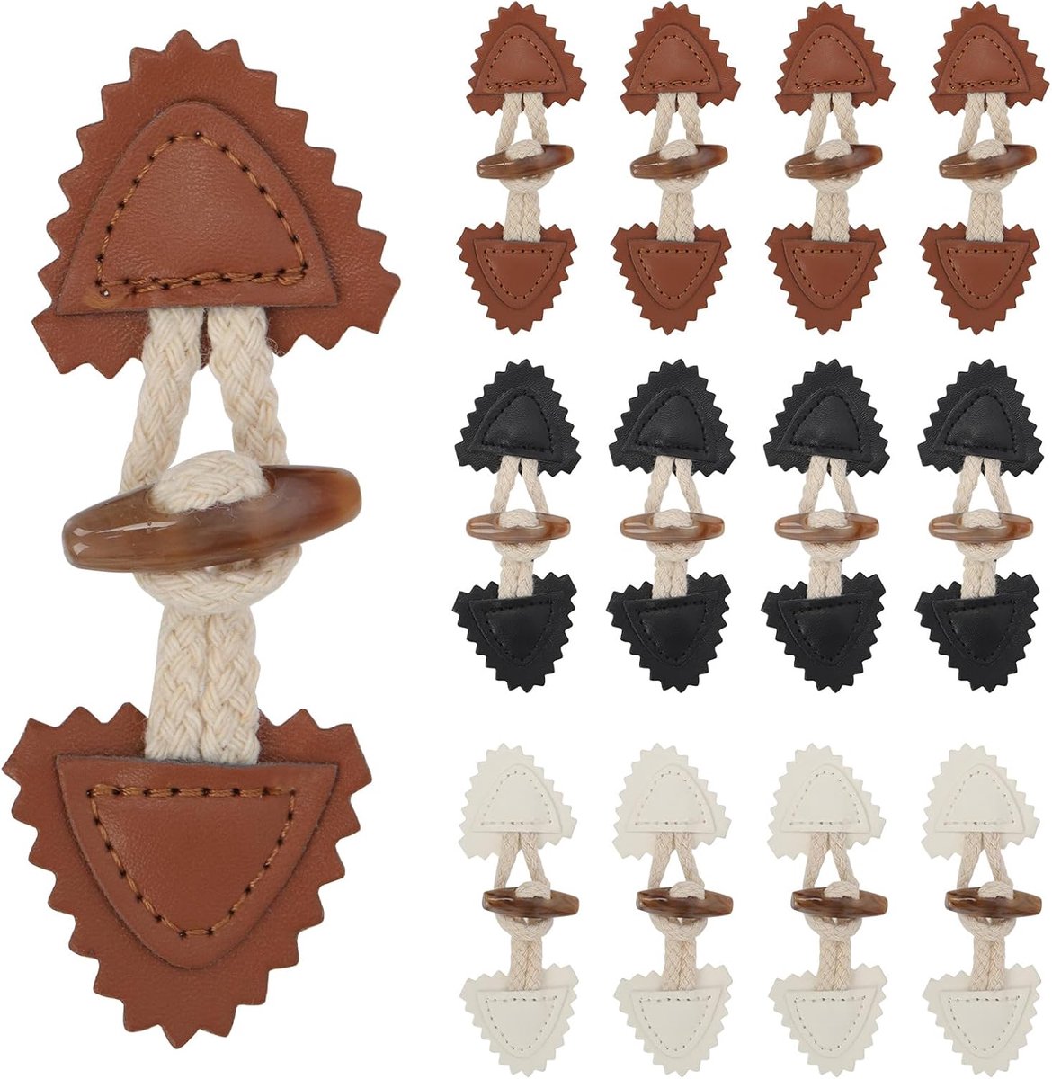 12pcs 3 kleur bruin/beige/zwart Pu leer naaien-op schakels sluiting met hars hoorn knop, Vintage naaien schakelknoppen voor jas kleding jas, trui, windbreaker, gebreide kleding