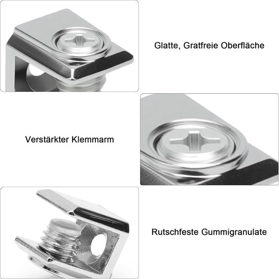 20 stuks glazen plankdragers, glashouders, roestvrij staal, vierkant, verdikte verstelbare glasklemmen, glasplankhouder, plankdrager, draagklem, zinklegering, glazen clip voor 3-8 mm dik glas — afbeelding 2