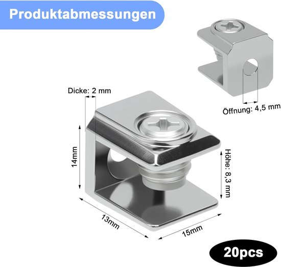 20 stuks glazen plankdragers, glashouders, roestvrij staal, vierkant, verdikte verstelbare glasklemmen, glasplankhouder, plankdrager, draagklem, zinklegering, glazen clip voor 3-8 mm dik glas — afbeelding 5
