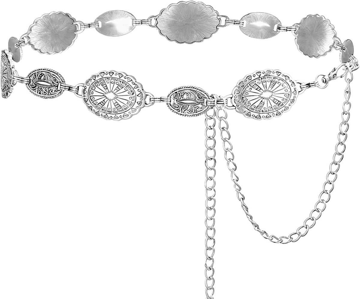 Damesriem in westernstijl met metalen concho's, tailleketting als accessoire voor jurken en broeken, gouden gesp, 130 cm lang.
