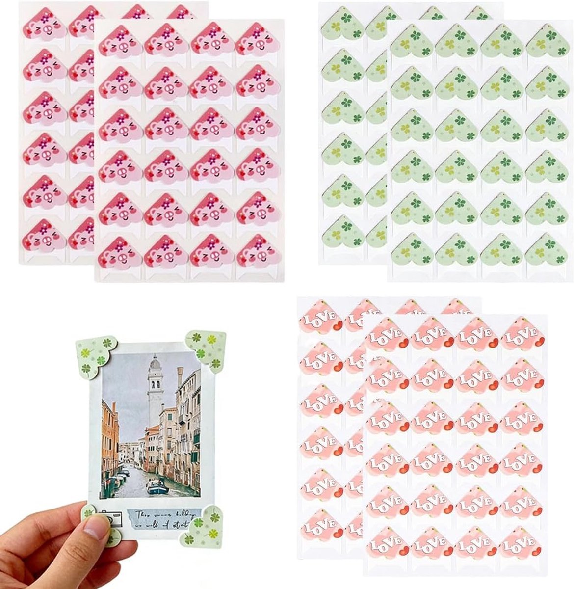 6 stuks fotohoeken, stickers, kattendesign, zwart, liefde en klaverblad, accessoires voor scrapbooking voor fotoalbum en doe-het-zelf, zelfklevende hoeken voor bevestiging en fotomontage
