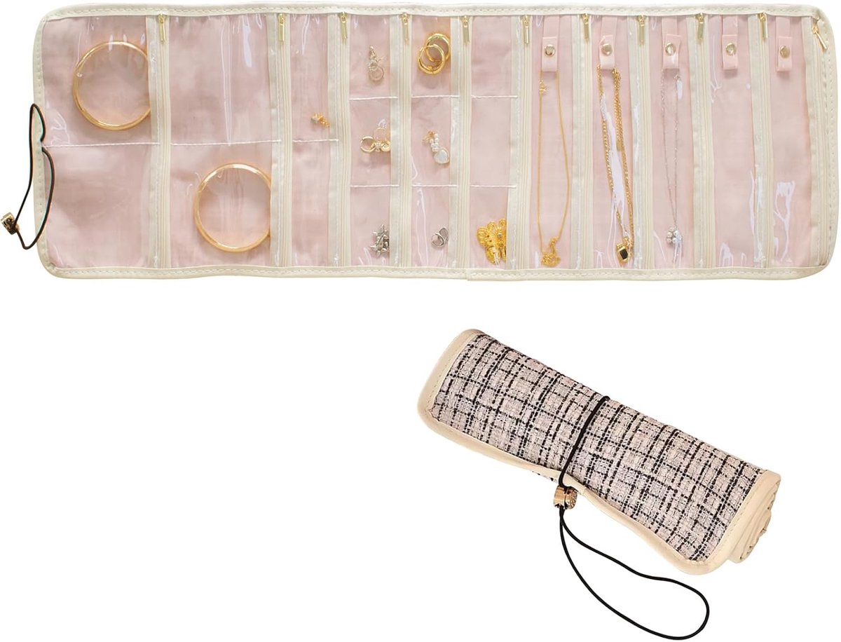 Sieradenrol, organizer, tas, opvouwbare sieradentas, voor op reis, sieradenopslag voor oorbellen, ringen, halskettingen, armbanden, broches, 72 x 23 cm