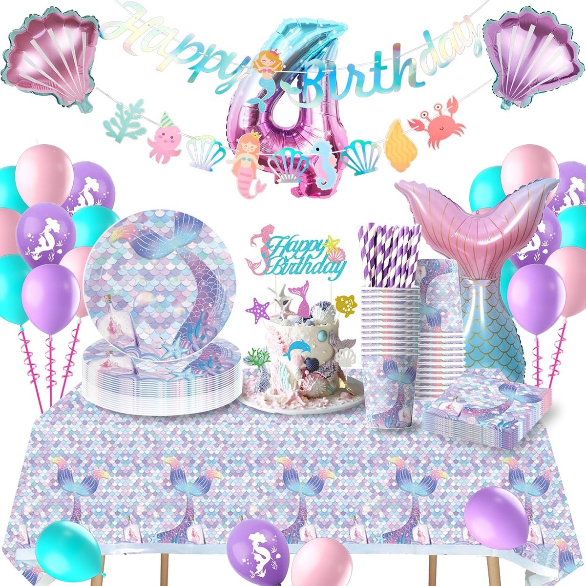 Zeemeerminverjaardagsdecoratie voor 4 jaar, zeemeermin, feestservies, zeemeermin kinderverjaardag, decoratie 4 jaar, verjaardagsfeestservies met ballonnen voor zeemeermin, decoratie, 16 gasten