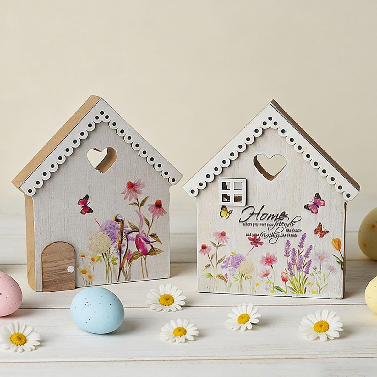 Lentedecoratie voor binnen, tafeldecoratie, paasdecoratie, communie, houten decoratie, standaard, lentehuizen, paasdecoratie voor keuken, balkon, tafel, vensterbank, neerzetten en cadeau geven