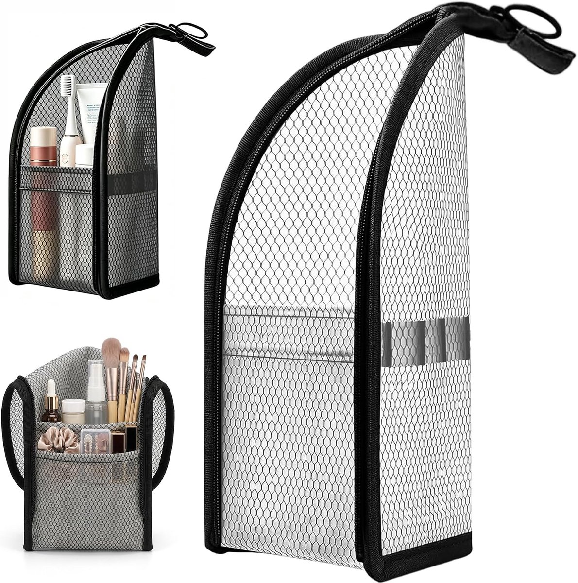 toilettas, net cosmeticatas voor dames en heren, praktische make-uptas, zwarte kleine make-uptas, waterdichte make-uptas voor op reis, 22 × 13 × 13 cm, ideaal als toilettas voor zaken