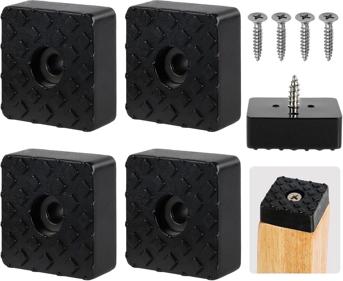 4 stuks antislip rubberen voetjes, 30 x 30 mm, vierkant met schroef | Rubberen poten voor stoelen, robuust en antislip, voor meubels, tafels, bureaus, stoelen en banken, zwart