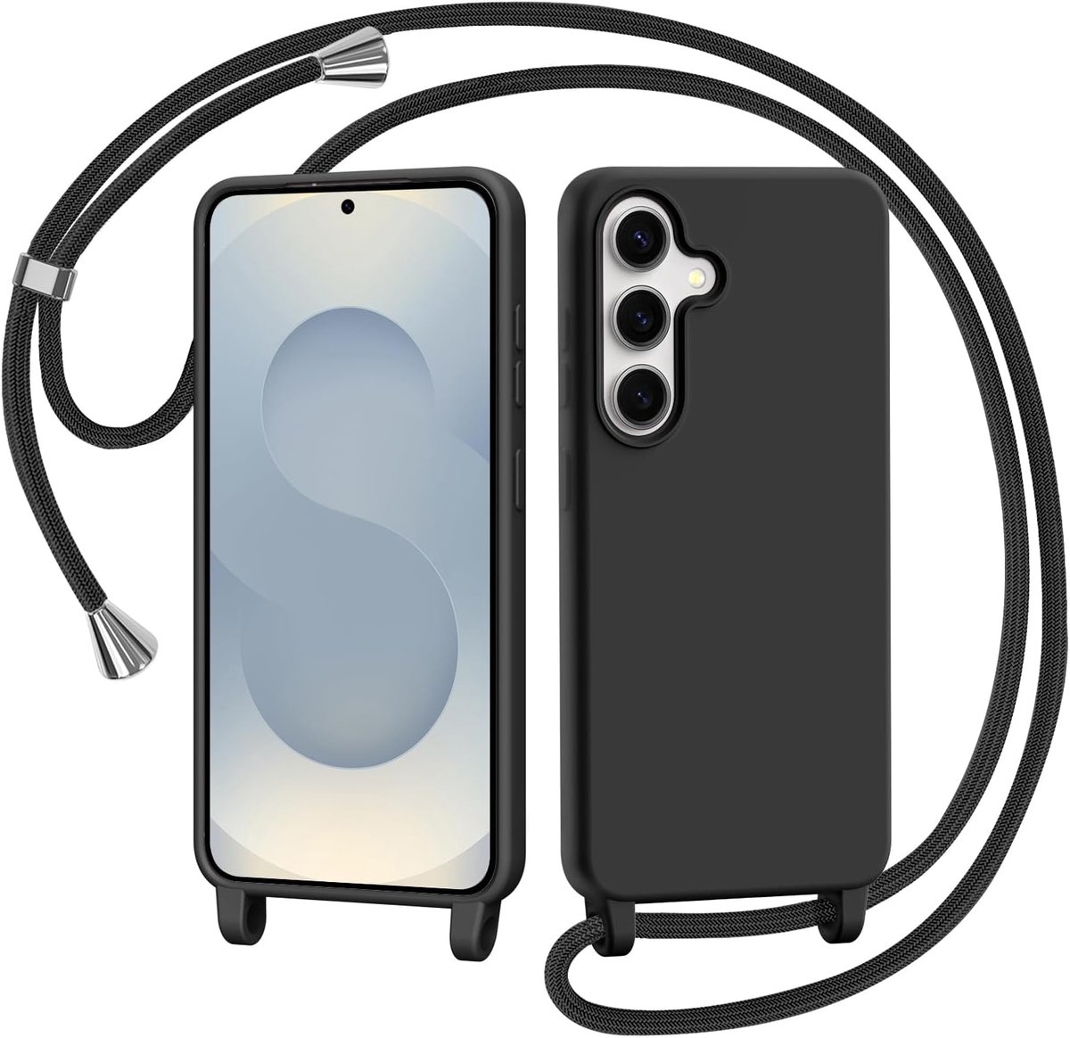 Beschermhoesje voor Samsung Galaxy S25/S24 met koord, beschermhoes met halsketting, schouderriem, vloeistof, siliconen, schokbestendig, krasbestendig, zwart