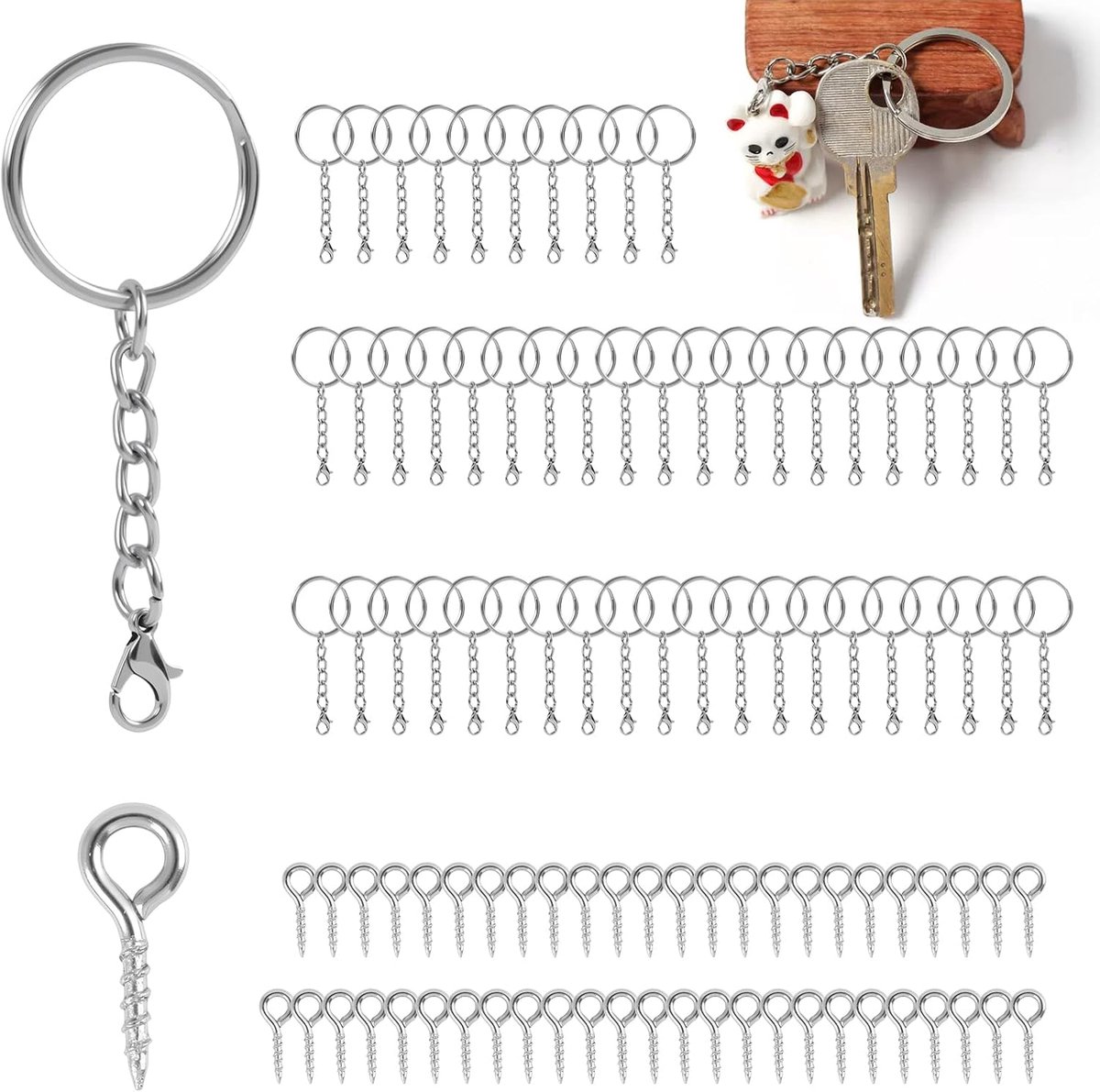 100 stuks sleutelhangers, 50 x ketting 25 mm met karabijnhaak en 50 x oogschroeven 1,0 x 10 mm, accessoires voor doe-het-zelf sieraden, creatieve vrije tijd, zilver