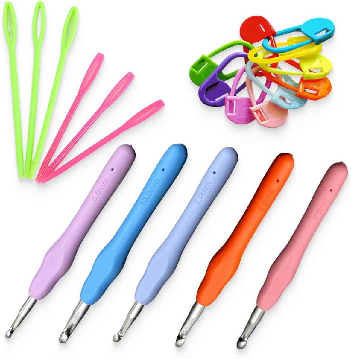 Haaknaaldenset, 15 stuks, 5 maten, haakset voor beginners, volwassenen en kinderen, haakset breinaalden met ergonomische handgreep, haakaccessoires, haaktas