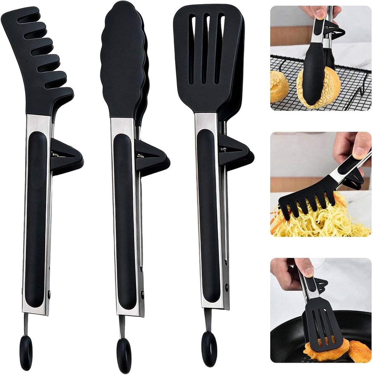 3 Delige Keukentang Siliconen Kooktang Hittebestendig Vleestang Barbecuetang met Standaard Siliconentang om te Koken 27 cm Spaghettitang Pastatang Slatang voor Keuken, Barbecueën