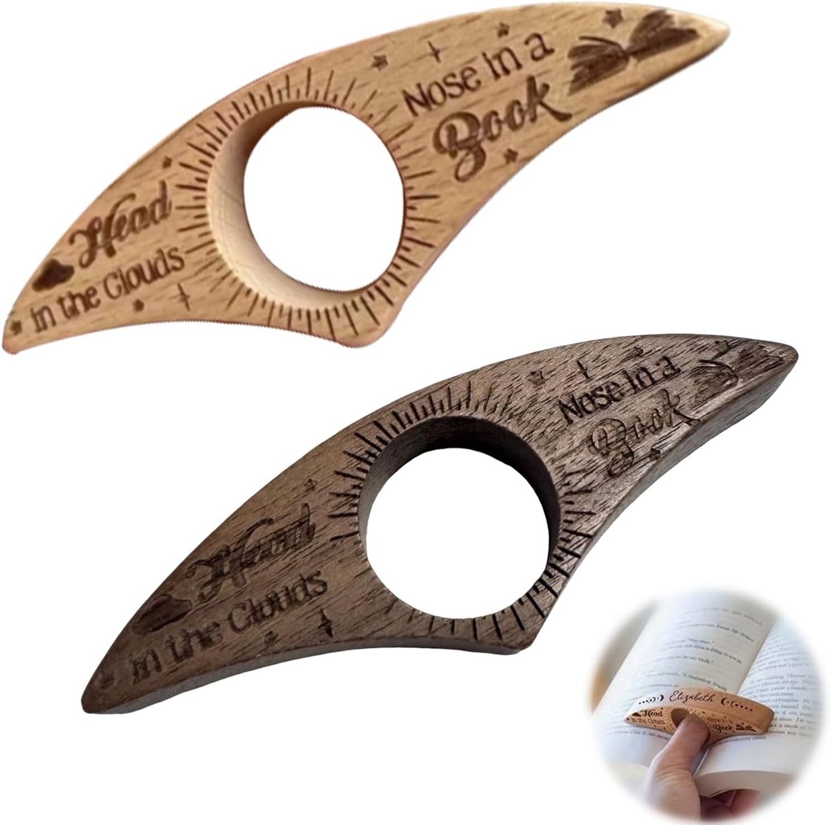 2 stuks bladwijzers duim, gepersonaliseerde boekenbladwijzer, houten boekenaccessoires, zijhouder voor boeken, leesaccessoires, leesaccessoires, cadeaus voor leraren, leesmatten, boekenliefhebbers