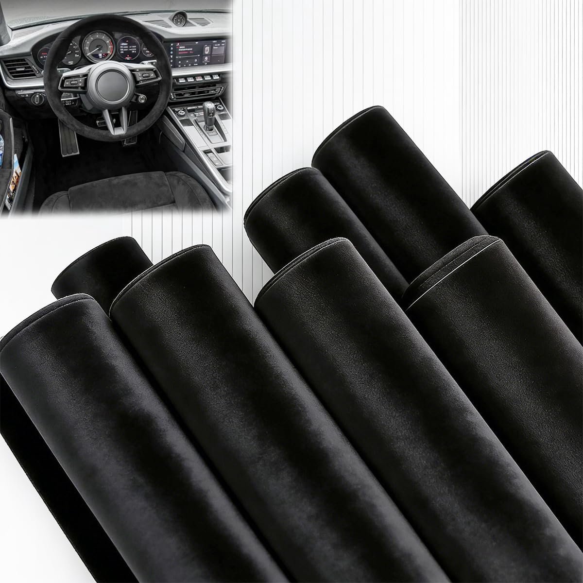 Zwarte zelfklevende lederfolie, 150 x 40 cm, voor auto, dakhemelstof, zelfklevend, zwart velours, voor auto-interieur, deurbekleding, suède, zelfklevende folie
