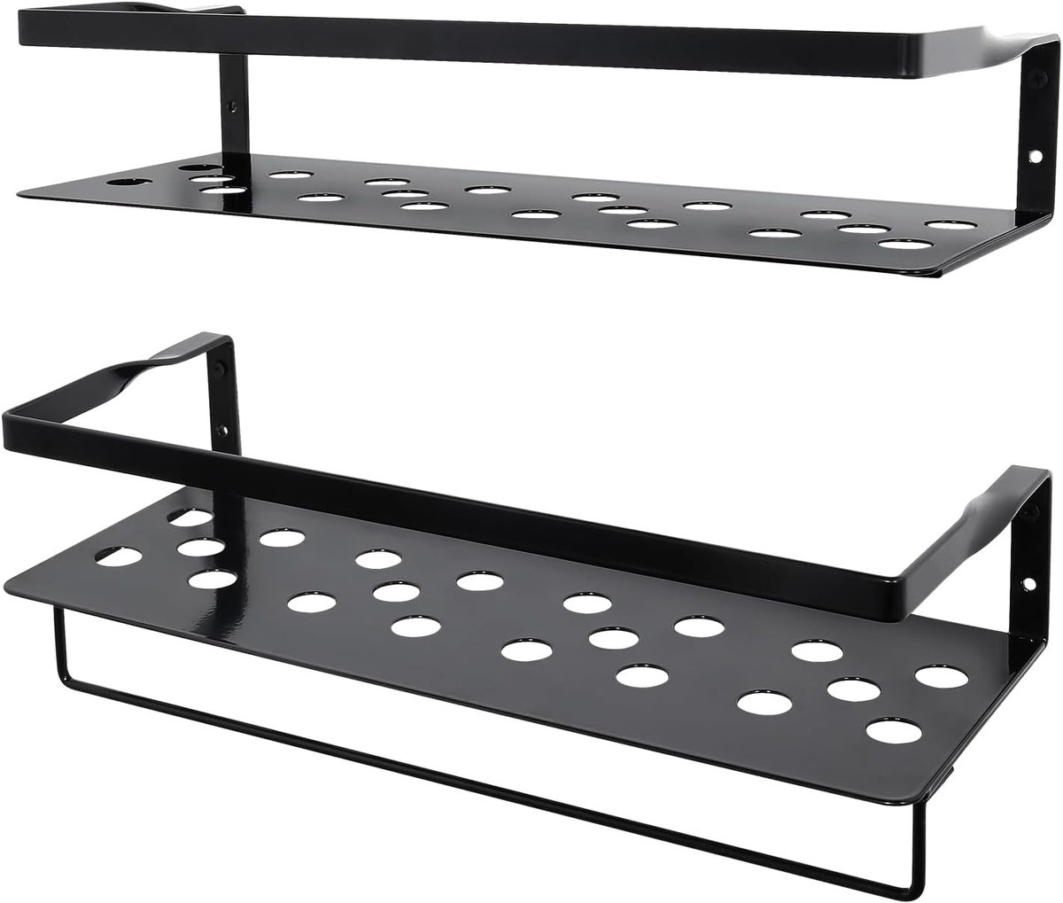 Zwevende planken ijzeren wandplank met handdoekstang, decoratieve ijzeren zwevende plank set van 2 voor slaapkamer, badkamer, woonkamer, keuken, zwart