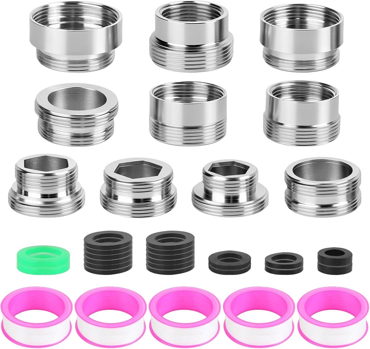 10 stuks kraanopzetstuk met afdichtring, bevat 5 teflonband, schroefdraadafdichtband, algemene schroefdraad, kraanadapter, kraanslangaansluiting voor keuken, tuinslang