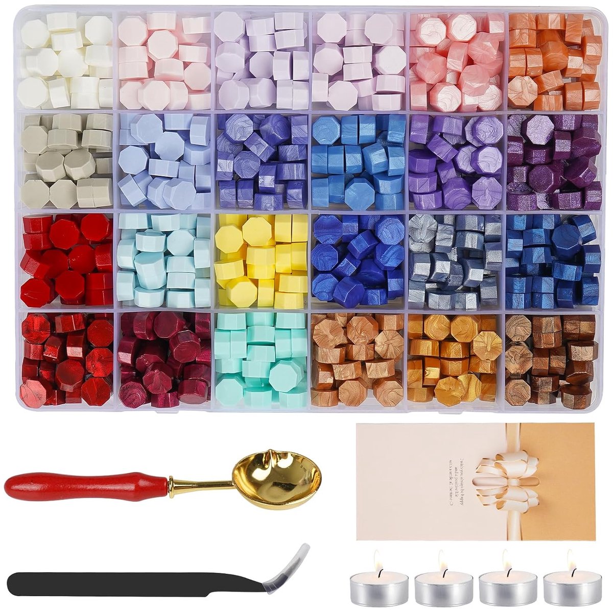 Zegelwaxparels met 24 kleuren en 600 stuks, achthoekig met 4 kaarsen, 1 lepel en 1 pincet voor bruiloftsuitnodigingen, enveloppen, brieven, ansichtkaarten, cadeauverpakking-1
