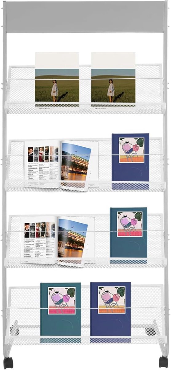 4-laags staande brochurestandaard, vrijstaande tijdschriftenstandaard, oprolbare tijdschriftenhouder met posterwand, catalogus literatuurstandaard voor kantoren en beurzen (zilver)