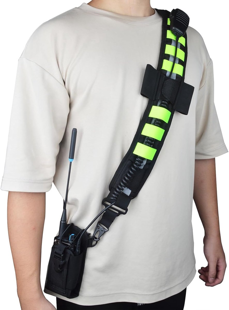 reflecterende schouderriem, verbrede schouderriem met microfoonclip en banden voor radiohoezen, camera's, vistassen, gereedschapskisten (met een radiohoes)