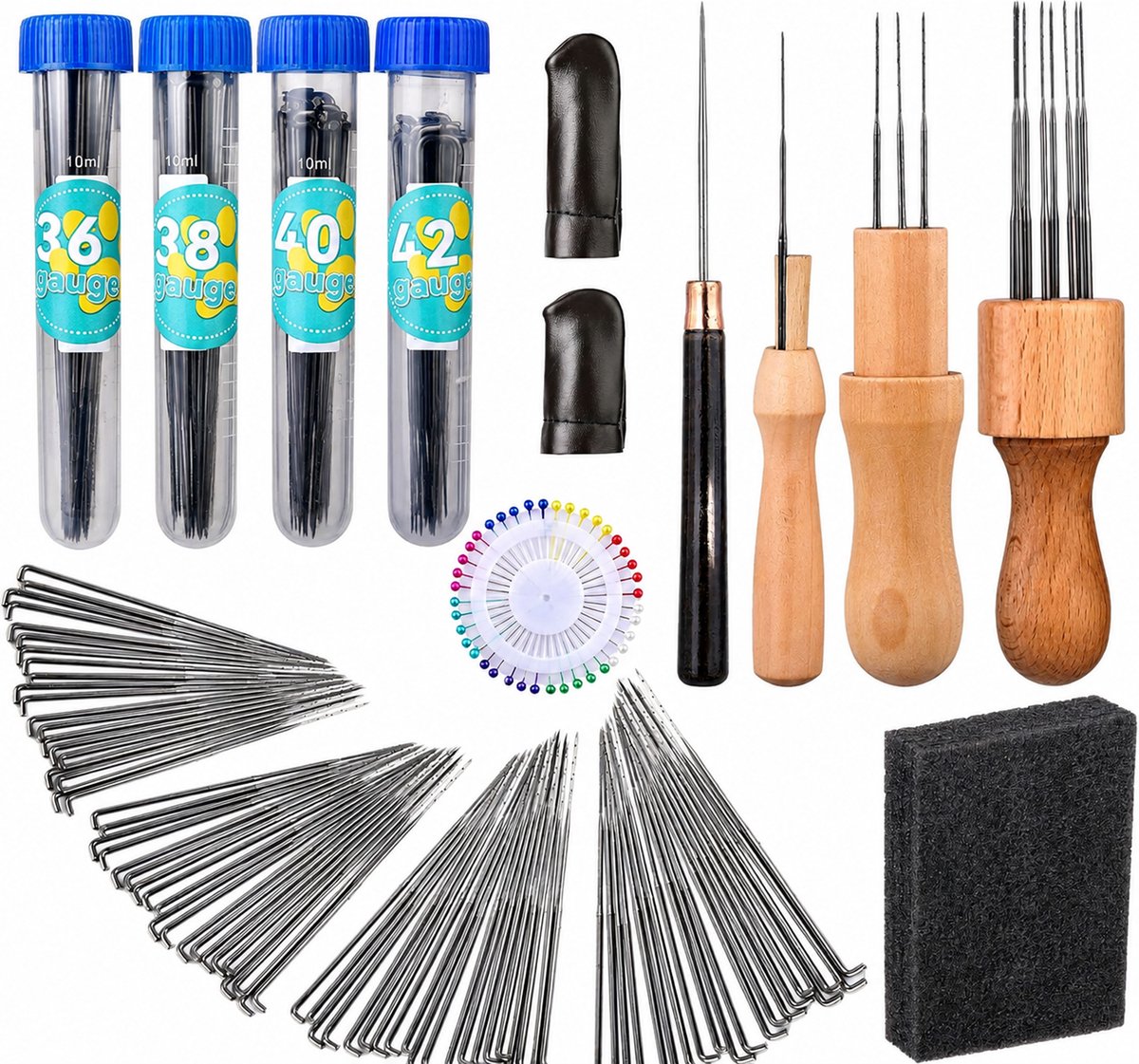 Kaiyaya - Wolvilt Set 127 delig - Prikkeldraadset - Naaldvilten Beginnersset - Met Houten Handvat & Vingerbeschermer - Schuimplaat & Opbergdoos