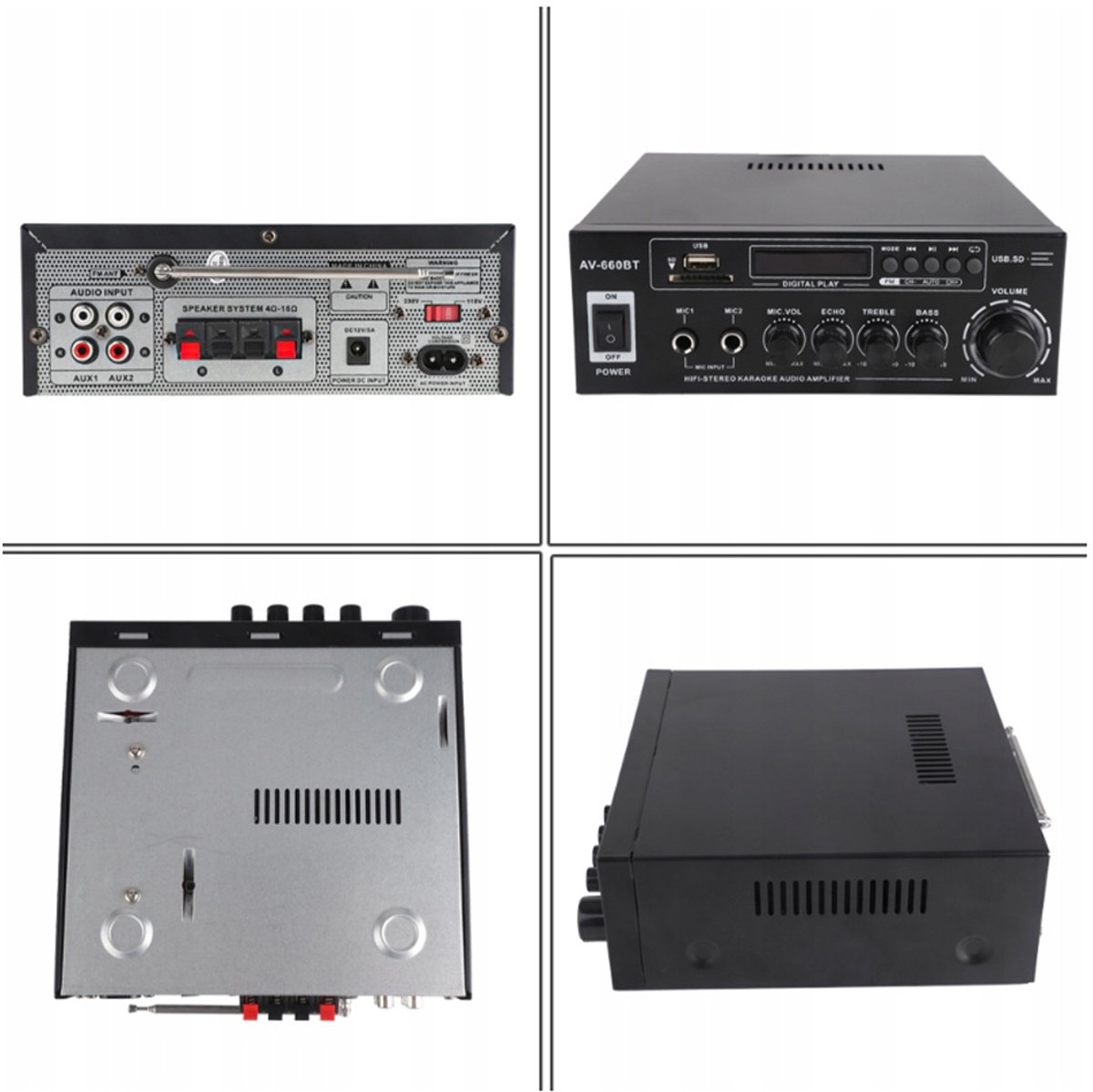 Hi-Fi-versterker - Met Bluetooth 5.0 en afstandsbediening - 12V - Auto- en thuisversterker - Hi-Fi Bluetooth-versterker - Dubbele microfooningangen - Zwart thumbnail 2