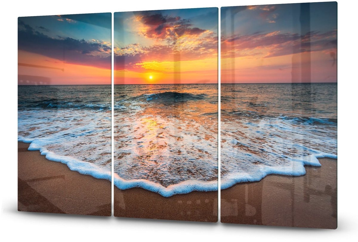 Mydesignglas Glazen Inductie Beschermer - Krasvrij Gehard Glas met Antislip - Afdekplaat voor Kookplaat - Spatscherm Achterwand Keuken - Zonsopkomst aan zee - 3x30x52