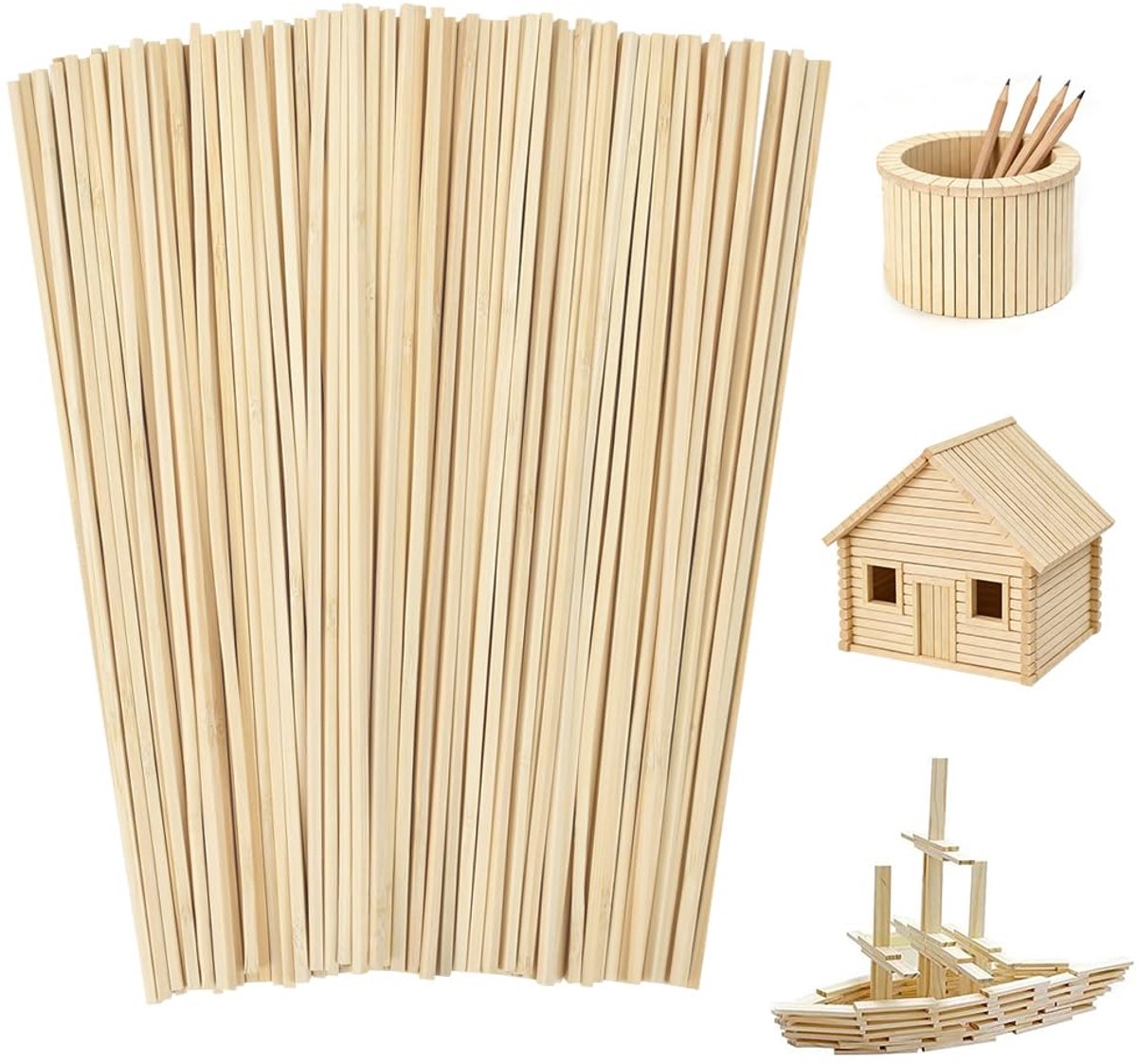 200 stuks suikerspin stokjes, houten stokjes, 300 mm x 4 mm, bamboestokken, lange houten stokjes om te knutselen, vierkante ijsstokjes, kandiësuikerstokjes voor knutselen, modelbouw