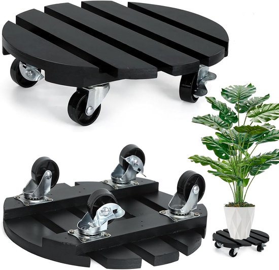 Ronde Plantroller 30 cm met 360° Vergrendelbare Wielen, Houten Rollende Plank voor Bloempotten, Geschikt voor Binnen en Buiten, Weerbestendig en Duurzaam