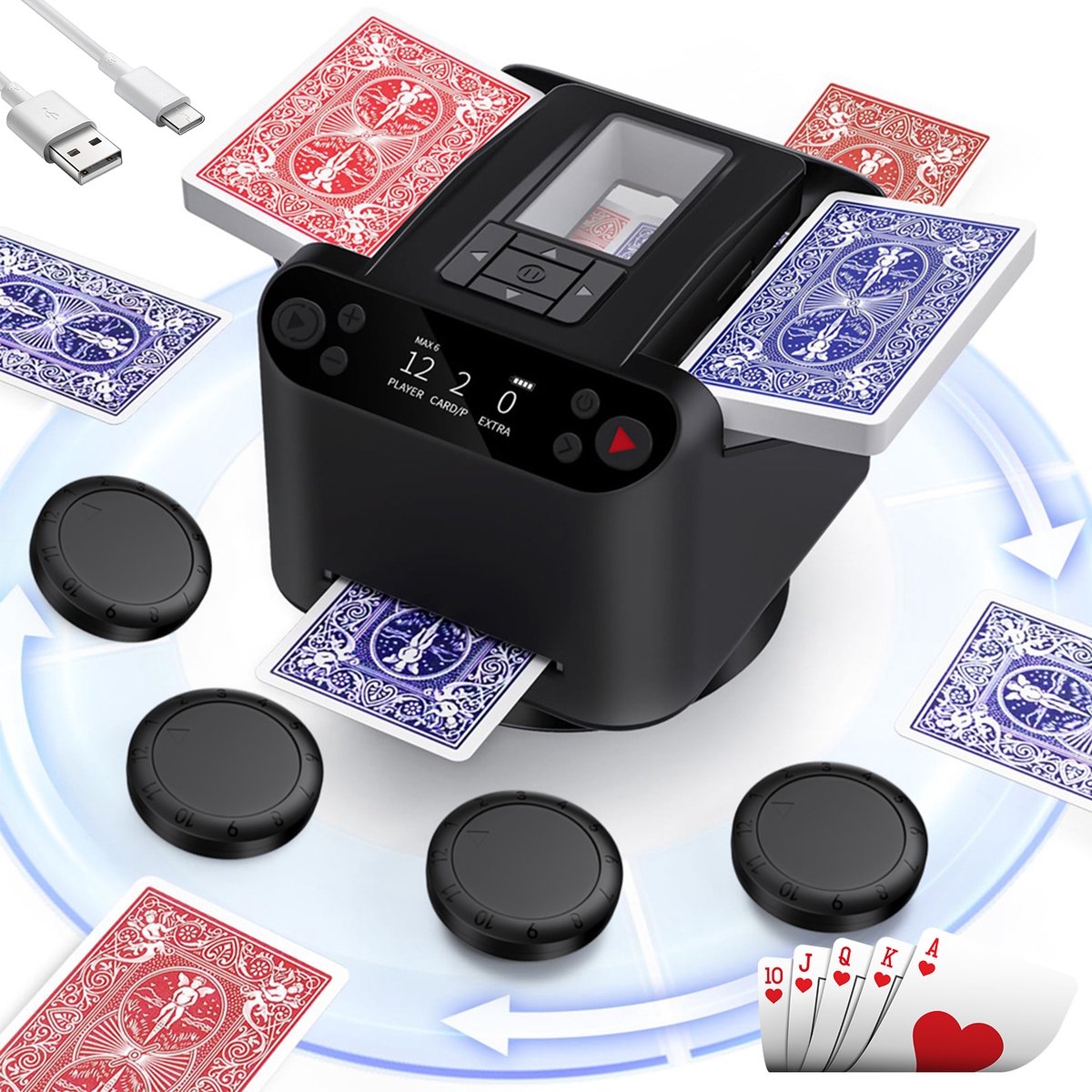 Automatische Kaartschudder - Elektrische Kaartverdeler - Automatisch Schudden en Delen - Geschikt voor Maximaal 12 Spelers - 360° Draaibare Kaartverdeling - 5200 mAh Accu met Type-C - Voor UNO, Poker, Texas Hold’em en Spelavonden