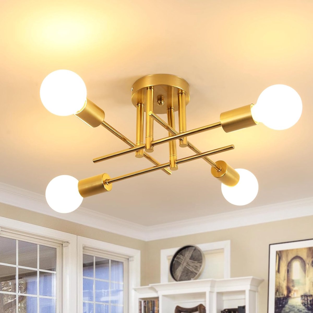Plafondlamp vintage 4-lichts - Industriële gouden uitvoering - Retro design - Perfect voor woonkamer of slaapkamer - ShopVlot