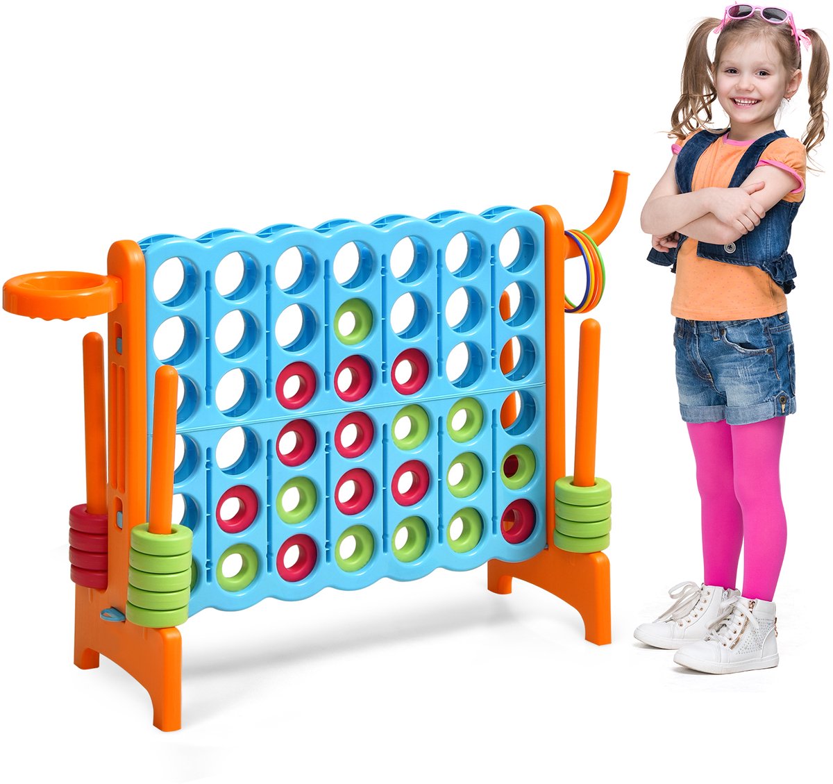 KOMFOTTEU Enorm 4-in-1 Strategiespel met 42 Ringen, Basketbalkorf, Werpspel & Snelspanhendel – Gezelschapsspel voor Kinderen en Volwassenen