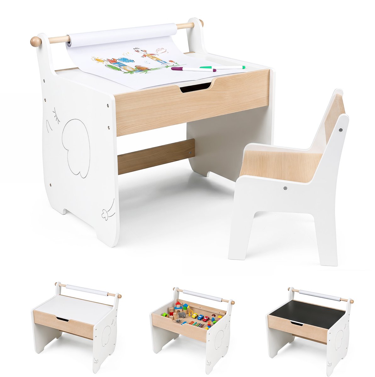 COSTWAY Kindertafel met stoel, 3-in-1 kinderzitgroep van hout met omkeerbaar en afneembaar tafelblad, schildertafel voor kinderen met opbergruimte en papierrolhouder, zitgroep voor kinderen vanaf 3