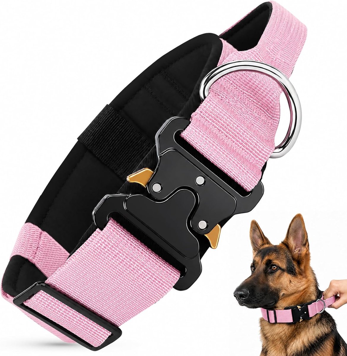 Tactische hondenhalsband middelgroot/groot - brede roze halsband - verstelbaar met handvat - ShopVlot